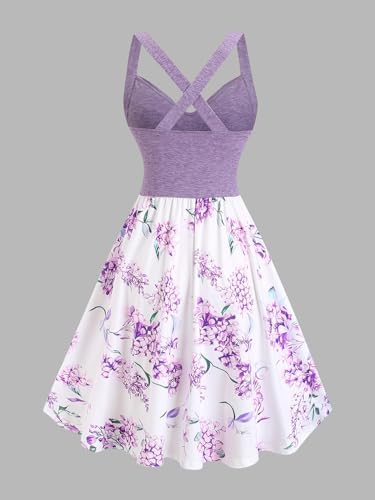Women's Summer Floral Dress Crisscross V Neck Halter Sleeveless Sundress Retro Flare A-Line Party Dress Casual Vacation