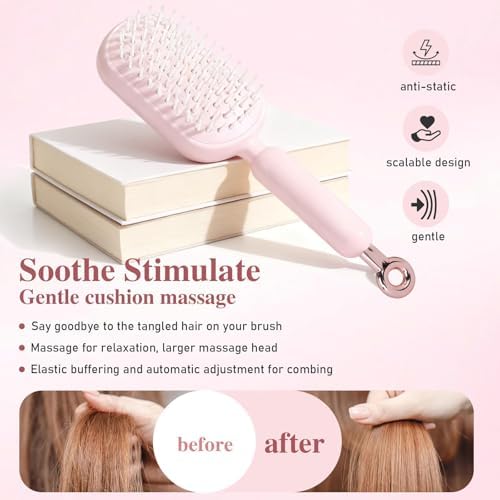 Self Cleaning Hair Brush, Retractable Cushion Massage Comb Brush, Air Cushion Comb, One-pull Clean Anti Static Brushs, Anti-tangle for All Hairs Types (Pink)