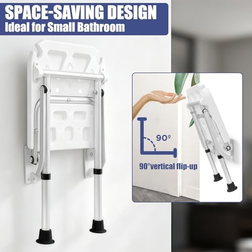 Wall Mounted Folding Shower Seat - Height-Adjustable Bathroom Safety Stool, 400lbs Heavy Duty Support, Foldable Shower Bench for Elderly, Adults, Pregnant Women & Disabled Users