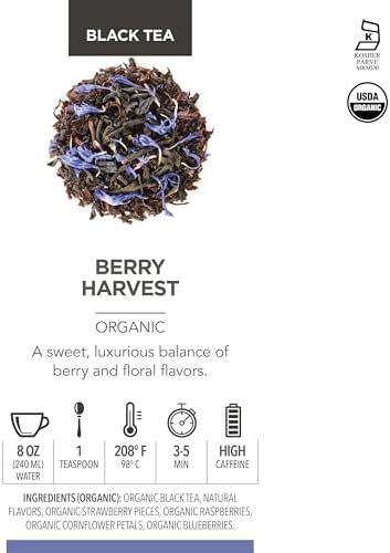 Teabloom Organic Fruity Black Tea, Berry Harvest Loose Leaf Tea, USDA Certified Organic & Kosher, Fresh Whole Leaf Blend in Reusable Gift Canister Makes 35-50 Cups