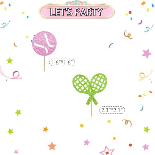 24pcs Tennis Cupcake Toppers, Tennis Ball Cupcake Picks for Sport Themed Baby Shower, Pink Glitter Tennis Cupcake Toppers for Tennis Player Birthday Party Supplies