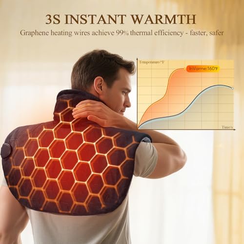 Neck and Shoulder Heating Pad: 2X Graphene Extra Hot Max 160℉ for Faster Deeper Pain Relief - 4H Auto Shut Off for Home Office Use - Machine Washable - Gifts for Dad Grandpa Husband