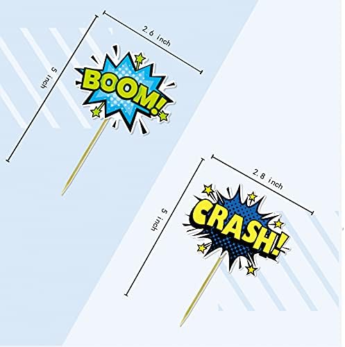 SuperHero Boom Cupcake Toppers 48 Pack Happy Birthday Cake Decor for kids Hero Theme Birthday Party Supplies Celebrating Party Events Baby Shower