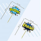 SuperHero Boom Cupcake Toppers 48 Pack Happy Birthday Cake Decor for kids Hero Theme Birthday Party Supplies Celebrating Party Events Baby Shower