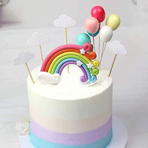 SULOLI Rainbow Cake Toppers Set, 12 Pcs Pastel Rainbow Clay Cupake Topper with Cloud Balloon for Girl Boy Kids Wedding Birthday Party Decorations