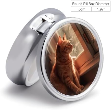 Cat Sitting on Windowsill Pill Box 3 Compartment Small Pill Case Portable Pill Box for Pocket Or Purse Round Metal Pill Box Cute Medicine Organizer Holder to Hold Vitamins Medication