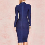 Women Deep V Neck Bandage Long Sleeve Folded Midi Dress Sexy Elegant Club Evening Party Gown
