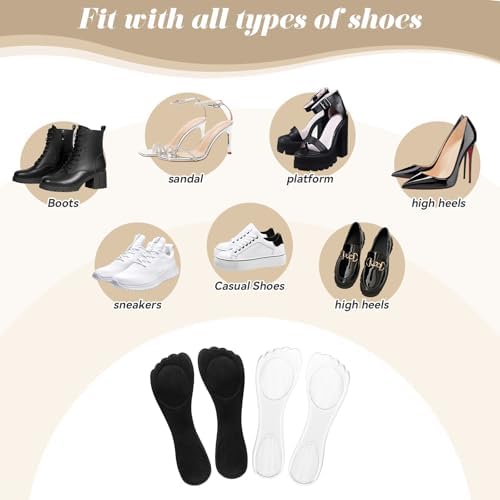 2 Pair Gel Cushion Insoles, 3/4 Gel Cushion Insoles for Women, Non-Skidding Shoe Insoles for High Heels Sandals Flats Boots (Clear, Black)