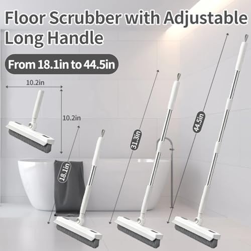 Floor Scrub Brush, 2 in 1 Cleaning Brush with Long Handle,Floor Scrubber Suit for Kitchen, Bedroom, Patio, Shower, Garage & Deck - Heavy Duty Tile, Concrete & Wood Surface Scrubber（White Grey）