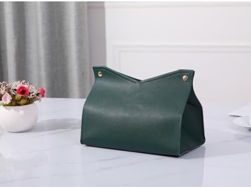 1PCS PU Leather Tissue Box Cover, Rectangle Facial Paper Organizer Dispenser, Modern Tissue Case Holder for Vanity Countertop Nightstands Living Room Office Desk Car (Dark Green)