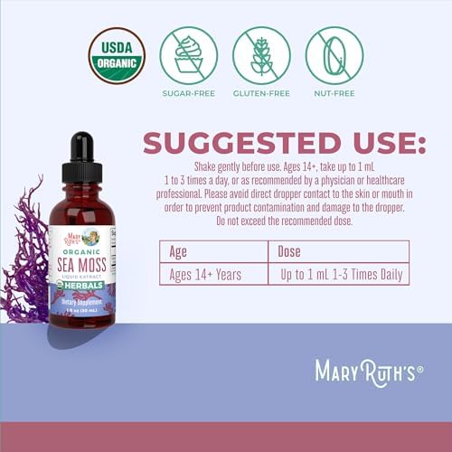 MaryRuth Organics Irish Sea Moss Liquid Drops | Chondrus Crispus | Wild Harvested | Organic Irish Moss Formulated for Adults & Kids Ages 14+ | Unflavored | Sugar Free | Vegan | Non-GMO | 1 Fl Oz