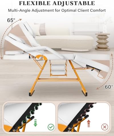 Tattoo Facial Chair for Clients, Multi-Purpose Esthetician Lash Wax Bed with Adjustable Backrest, Professional Beauty Salon Spa Chair for Tattoo Shop Furniture, White Glod