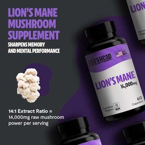 FreshCap Organic Mushroom Capsules Supplement - Fruiting Body Extract (Lion's Mane, 180 Capsules)