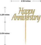 48 Pcs Light Gold Glitter Happy Anniversary Cupcake Toppers Picks for Wedding Anniversary Party Cake Decorations