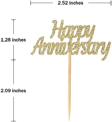 48 Pcs Light Gold Glitter Happy Anniversary Cupcake Toppers Picks for Wedding Anniversary Party Cake Decorations