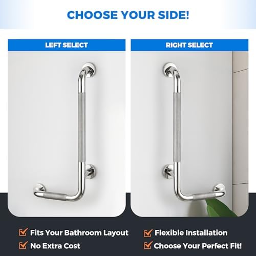 L-Shaped Grab Bars for Shower, 24x12 Inch Stainless Steel Grab Bars for Elderly for Wall Mount, Anti-Slip Knurled Grip Bathroom Safety Rail, Right