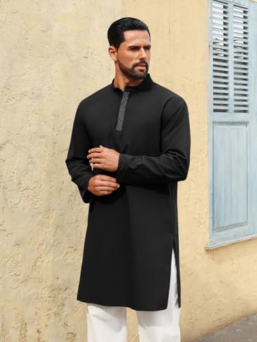 Runcati Mens Kaftan Thobe Long Sleeve Casual Henley Shirts Button Down Kurta Cotton Linen Muslim Gown Robe