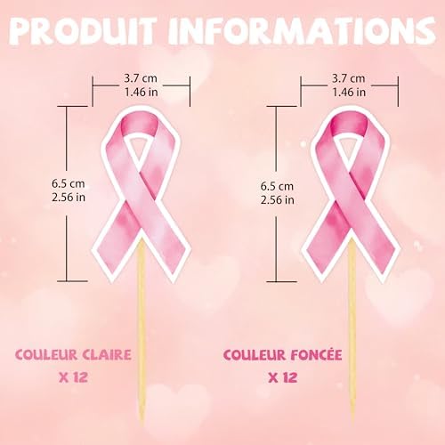 24 Pcs Pink Ribbon Cupcake Toppers for Fight Hope Believe Breast Cancer Awareness Party Decoration and Cake Decor Supplies
