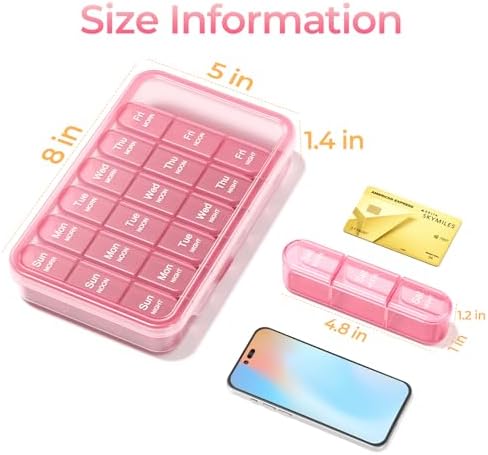 Daviky Pill Organizer 3X a Day, Weekly Pill Box 7 Day, Travel Pill Case with Large Containers, 3 Times Medcine Organizer for Vitamins, Medication, Supplements and Fish Oils (Pink)