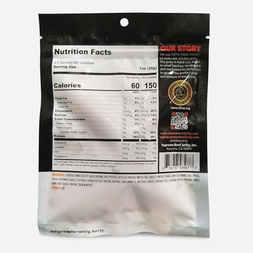 Supreme Beef Jerky, Halal Chicken Jerky, Zabiha Halal Certified Jerky, Handcrafted Gourmet Meat Snacks, 2.5 oz Buffalo Style Chicken, 2.5 Ounce, Pack of 1