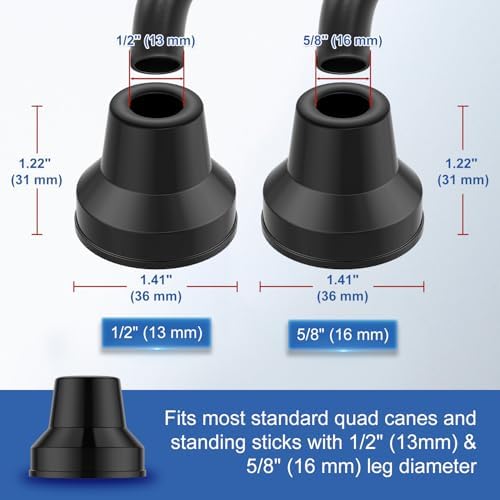 YF Quad Cane Tips (4-Pack) – Heavy Duty 1/2 Inch Replacement Rubber Foot – Non-Slip Base/End for Extra Stability – Durable Accessories for Walking Sticks for Women, Men, Seniors – Gray