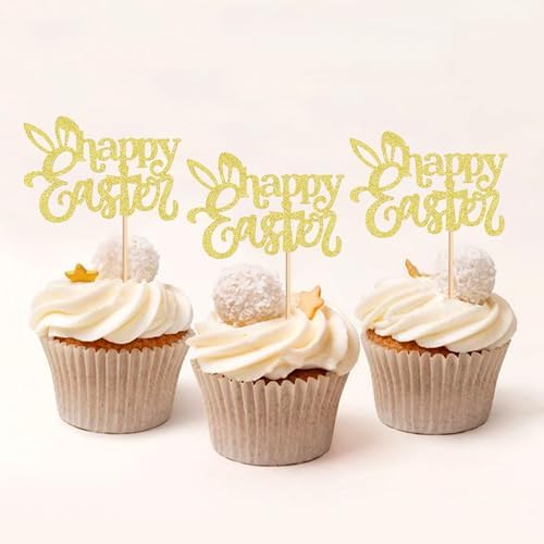 24 PCS Easter Happy Cupcake Toppers Golden Rabbit Cross Egg Easter Cupcake Toppers Selection Easter Rabbit Theme Cake Decoration Happy Birthday Party Decoration Supplies