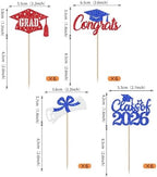 24 PCS 2026 Graduation Theme Cupcake Toppers Glitter Class of 2026 Diploma Congrats Grad Cap Cupcake Picks for 2026 Graduation Theme Party Cake Decorations Supplies Blue Red