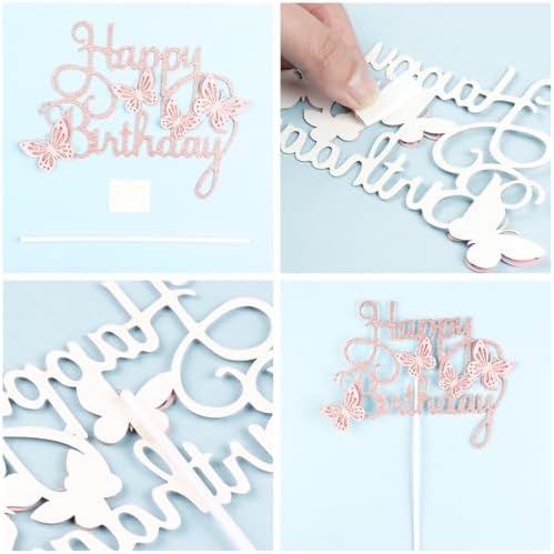 13pcs Butterfly Happy Birthday Cake Toppers, Pink Glitter Butterfly Theme Cake Cupcake Toppers for Girls Women Birthday Decorations