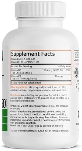 Bronson Vitamin K2 D3 (MK7) Supplement Non-GMO Formula Vitamin D3 5000IU (125 mcg) & 90 mcg K2 MK-7, Easy to Swallow D & K Complex, 60 Capsules