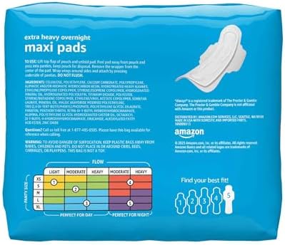 Amazon Basics Thick Maxi Pads with Wings for Periods, Extra Heavy Overnight Absorbency, Absorbent Core, Stay in Place Protection, Unscented, Size 5, 20 Count (Previously Solimo)