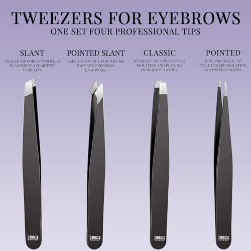 Tweezers for women facial 4 Piece Stainless Steel Precision Tweezers Kit with Leather Case for women & men Multi purpose as eyebrows facial hair ingrown hair removal