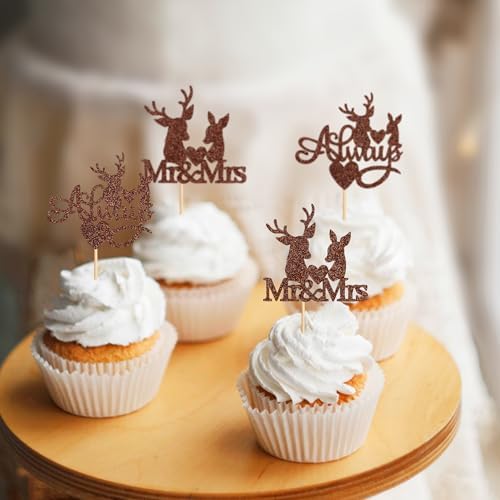 Ercadio 24 Pack Deer Cupcake Toppers - Brown Glitter Deer Head Cupcake Toppers & Picks for Wedding, Birthday, Baby Shower Cake Decoration