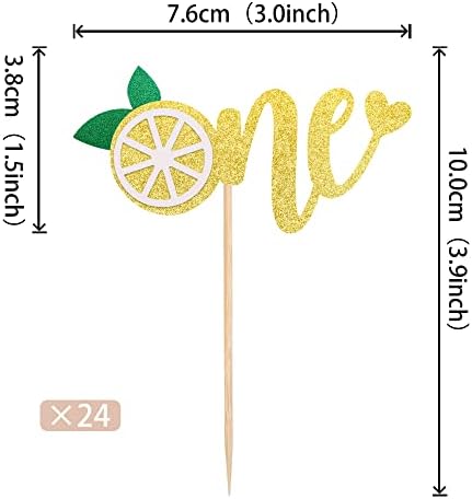 24 PCS Lemon One Cupcake Toppers Glitter Fruit Lemonade First Birthday Cupcake Picks for Lemon Theme Baby Shower 1st Birthday Party Cake Decorations Supplies Gold