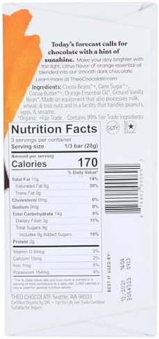 Theo Orange Organic Dark Chocolate Bar, 70% Cacao, 1 Bar | Vegan, Fair Trade