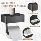 Toilet Paper Holder with Shelf - SUS304 Stainless Steel Toilet Paper Storage with Wipes Dispenser & Toilet Paper Roll Holder Wall Mount for Bathroom Storage, No Drill to Install - Matte Black