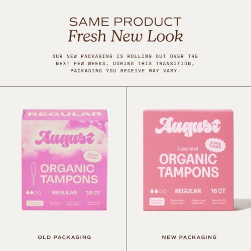 August Regular Tampons - 24-Pack 100% Organic Cotton Tampons for Women and Anyone Who Menstruates, Non-Toxic, Fragrance-Free, and Hypoallergenic with Long Applicators