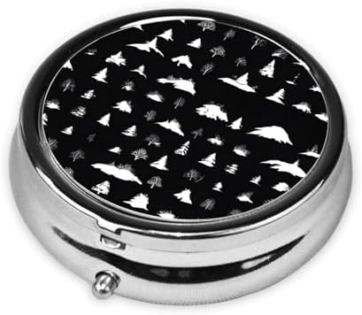 (Black & White Trees) Round Pill Box,3 Compartment Pill Box Mini Decorative Pocket Purse Portable Travel Medicine Tablet Vitamin Holder Organizer Pill Case