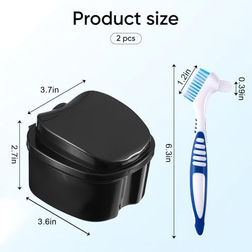 2 PCS Denture Bath Case Cup Kit Retainer Cleaner Holder Case False Teeth Container for Soaking Dentures Storage Box Cases with Strainer Basket and Brush Travel