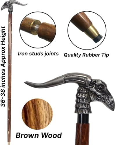 Dragon Head Walking Stick Wooden Shaft Walking Cane for Men Women Canes, Total Length 37 Inch