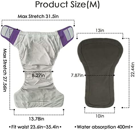 3 Pack Adult Cloth Diapers with Oversized Diaper Inserts, TPU Waterproof Nappy Reusable Washable Elderly Incontinence Care Protection Nappies Underwear for Men or Women, Waist 23.6-35.4 Inches (M)
