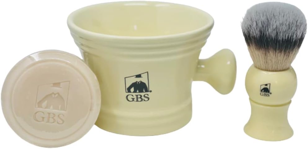 G.B.S Heavy Duty Ceramic Shaving Set – Ivory Mug with Knob Handle, Faux Ivory Handle Brush, 3 oz Natural Long-Lasting Lather Soap – Classic Wet Shaving Kit for Men
