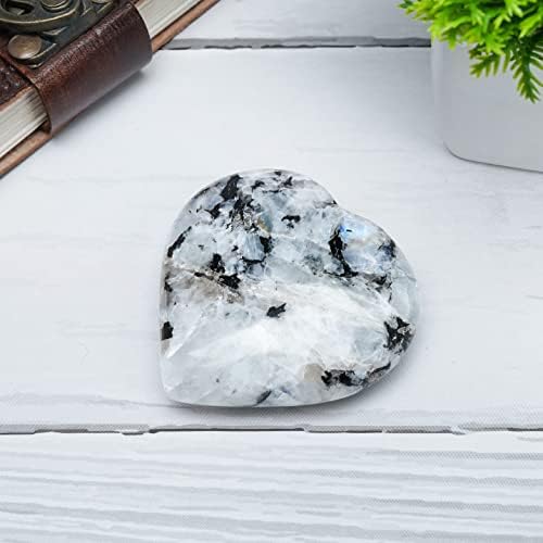 Crocon 50mm Rainbow Moonstone Heart Stone Big Heart Shape Puff Stones Set 450+ Carats Pocket Crystal Healing Tumble Collection Palm Worry Stone Good Luck Charm Meditation Gift Craft Home Decor