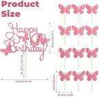 13 PCS Happy Birthday Butterfly Cake Toppers, Butterfly Cupcake Topper, Birthday Decoration for Wedding, Theme Party Includes Happy Topper and Cupcake Decorations (Pink)