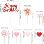 Ercadio 34PCS Glitter Red Happy Birthday Cake Topper Pink Bows Red Heart Fireworks Cupcake Picks for Girls 16th Birthday Baby Shower Velentine's Birthday Party Cake Decoration Supplies