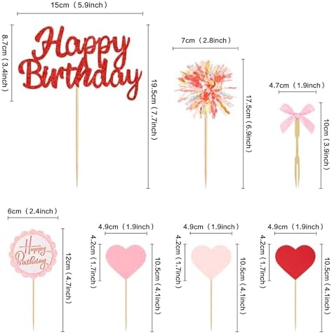 Ercadio 34PCS Glitter Red Happy Birthday Cake Topper Pink Bows Red Heart Fireworks Cupcake Picks for Girls 16th Birthday Baby Shower Velentine's Birthday Party Cake Decoration Supplies