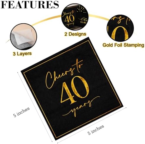 40th Birthday Napkins 2 Designs 5x5 Inches, 50PCS Cheers to 40 Years Cocktail Napkins Party Napkins Paper Beverage Napkins for Anniversary 40th Birthday Decorations(Black and Gold)