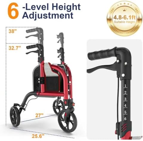 3 Wheel Walkers for Seniors, Narrow Foldable Wheeled Rollator Walker, Lightweight Three Wheels Rolling Walker, 350lbs Capacity, Height Adjustable Rollator for Elderly, Aluminum Alloy