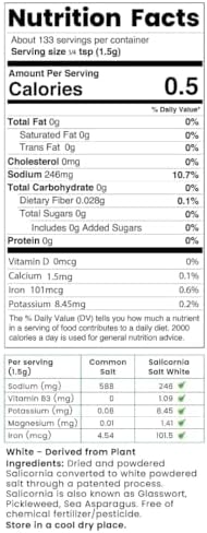 SaltWise Salicornia White Salt – Low Sodium Salt Substitute, Plant-Based Mineral Salt, Kosher, 100% Natural, No Additives (7.05 Ounce (Pack of 2))
