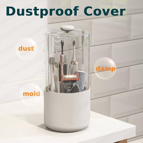 Toothbrush Holder with Cover 360 Rotating 4 Compartments Bathroom Toothpaste Electric Toothbrush Organizer, White