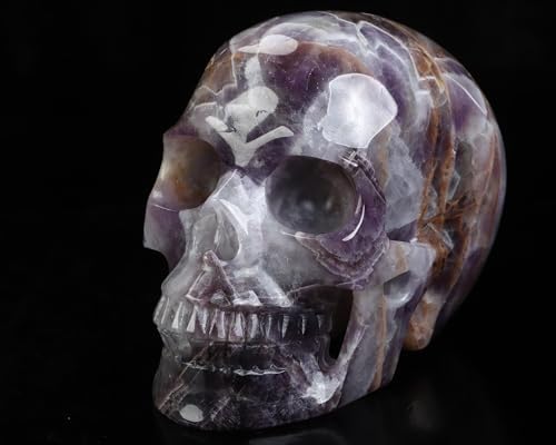 Skullis 5.0”Dream Chevron Amethyst Crystal Skull, Hand Carved Gemstone Fine Art Sculpture, Reiki Healing Stone Statue 3301.